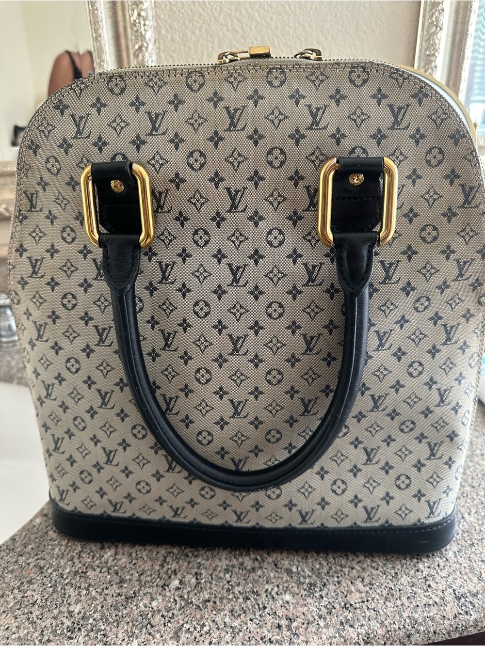 Louis Vuitton Beige Monogram Satchel with Black Trim and Gold Hardware
